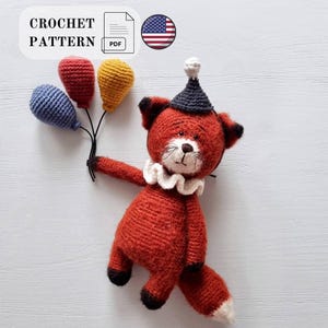 Crochet Fox Pattern PDF, Amigurumi Fox with Clown Hat, Collar and Balloons