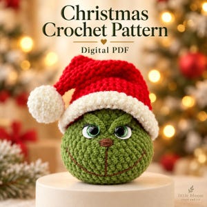 May include: A crochet pattern digital PDF titled Christmas Crochet Pattern featuring a green round character with large eyes and a brown nose wearing a red and white Santa hat with a white pom-pom on a light-colored circular base.