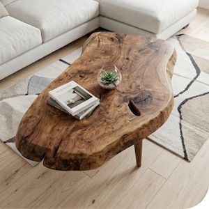 May include: A live edge coffee table made from a single slab of natural brown wood with visible grain patterns, knots, and a central void. The table surface holds a small clear glass bowl containing a green succulent and two stacked books.