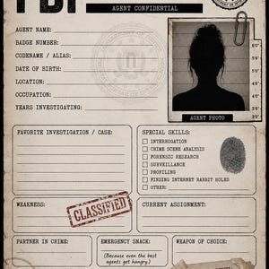 May include: A beige FBI personnel file document with black text, featuring fields for agent details, a silhouette agent photo, a fingerprint graphic, and a red CLASSIFIED stamp. The document includes a TOP SECRET tag and various investigative categories.