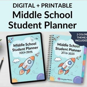 May include: A digital and printable Middle School Student Planner 2024-2025 featuring a light blue cover with a cartoon rocket ship, clouds, and sun. The set includes a tablet displaying the planner and a spiral-bound physical version with tabs.
