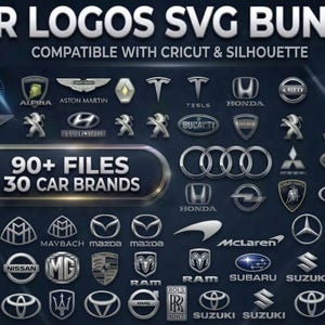 May include: A digital collection of over 90 car brand logos in SVG format, featuring 30 different automotive manufacturers. The graphic displays metallic-style emblems for brands including Ford, Tesla, Honda, Audi, Toyota, and others on a dark background.