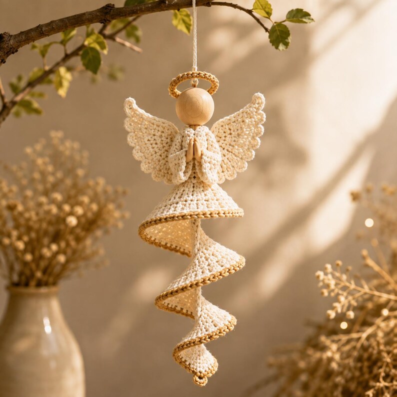 Peut inclure: Une d&eacute;coration suspendue repr&eacute;sentant un ange au crochet avec une t&ecirc;te en perle de bois lisse et une aur&eacute;ole. L'ange poss&egrave;de des ailes en crochet cr&egrave;me et un corps qui se prolonge par une longue tra&icirc;ne en spirale, &eacute;galement en crochet cr&egrave;me.