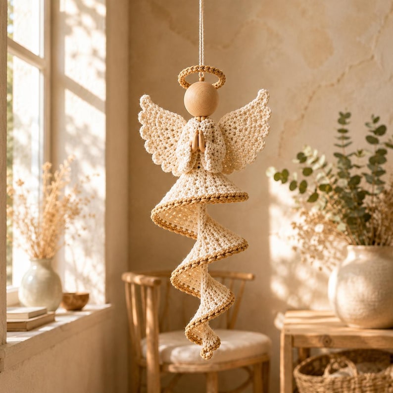Peut inclure: Une d&eacute;coration d'ange en crochet suspendue avec une t&ecirc;te en perle de bois lisse, une aur&eacute;ole et des ailes en fil couleur cr&egrave;me. Le corps se compose d'une robe &eacute;vas&eacute;e qui se prolonge en une longue queue en spirale, orn&eacute;e de fins liser&eacute;s dor&eacute;s.