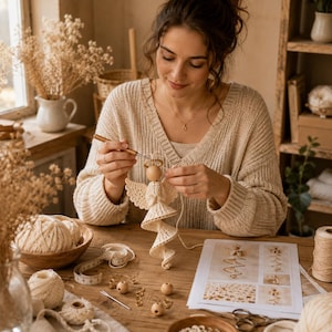 Peut inclure: Un ornement d'ange au crochet avec une t&ecirc;te en perle de bois et une aur&eacute;ole, en cours de r&eacute;alisation avec un crochet. La figurine pr&eacute;sente une robe en spirale et des ailes en dentelle en fil cr&egrave;me, pos&eacute;e sur une table en bois avec du mat&eacute;riel.