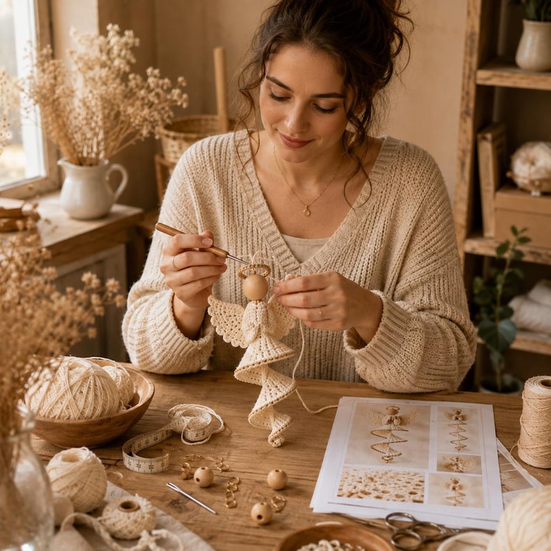 Peut inclure: Un ornement d'ange au crochet avec une t&ecirc;te en perle de bois et une aur&eacute;ole, en cours de r&eacute;alisation avec un crochet. La figurine pr&eacute;sente une robe en spirale et des ailes en dentelle en fil cr&egrave;me, pos&eacute;e sur une table en bois avec du mat&eacute;riel.