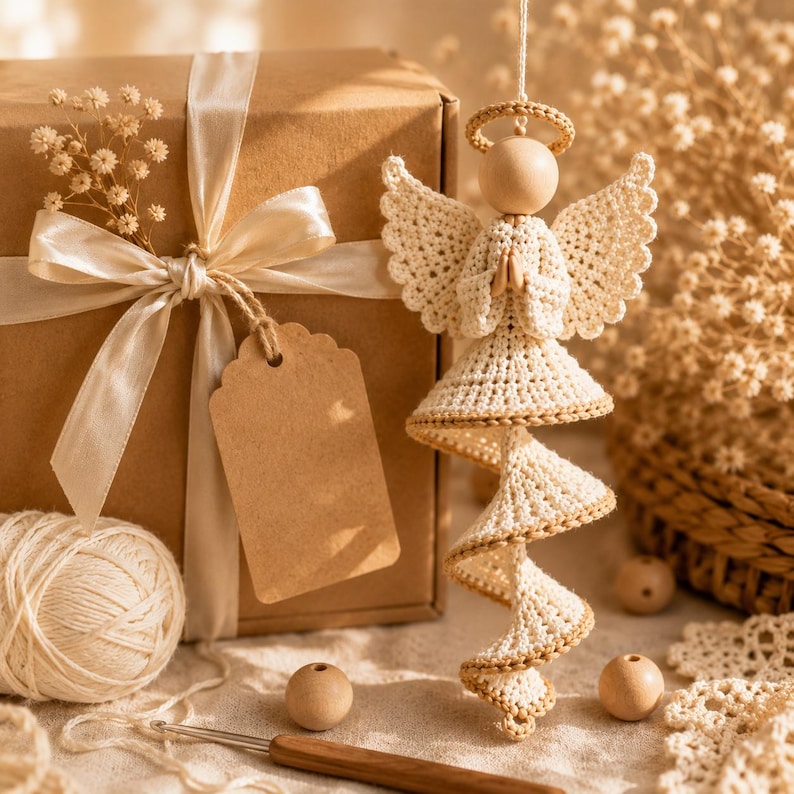 Peut inclure: Un ornement d'ange crochet&eacute; couleur cr&egrave;me avec une t&ecirc;te en perle de bois et une aur&eacute;ole, dot&eacute; d'une jupe en spirale et d'ailes. &Agrave; c&ocirc;t&eacute; se trouvent une bo&icirc;te cadeau marron avec un ruban cr&egrave;me, une &eacute;tiquette vierge, une pelote et un crochet.