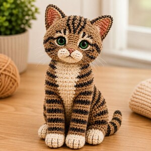 Peut inclure: Une figurine de chat tigré au crochet avec une fourrure rayée marron et noire, un poitrail et des pattes couleur crème, de grands yeux verts, un petit nez rose et des oreilles pointues avec des détails roses à l'intérieur, assis la queue repliée.
