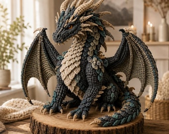Peut inclure: Une figurine de dragon au crochet détaillée avec des écailles bleu foncé et anthracite, un ventre crème et des ailes complexes. La créature possède des cornes et des épines claires, ainsi que des yeux orange, posée sur une tranche de bois ronde.