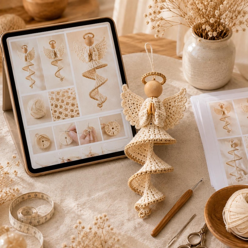 Peut inclure: Un ornement d'ange au crochet avec une t&ecirc;te en perle de bois, une aur&eacute;ole et une jupe en spirale. L'ange est pr&eacute;sent&eacute; avec une tablette affichant un mod&egrave;le de crochet, un crochet en bois, une aiguille en m&eacute;tal, des ciseaux et une pelote.