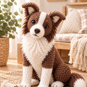 Puede incluir: Un perro de peluche tejido a ganchillo con hilo marrón y blanco, con grandes ojos negros, nariz marrón y pelaje texturizado. El perro está sentado con un hueso de ganchillo a juego colocado en el suelo frente a él, con una pequeña huella marrón.