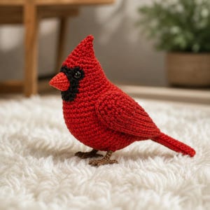 Op de afbeelding: Een gehaakt kardinaalvogel-figuurtje gemaakt van felrood garen, met een opvallend zwart masker rond de ogen en snavel. De vogel heeft een puntige kuif op de kop, een kleine oranje snavel en bruine, getextureerde pootjes in zijaanzicht.