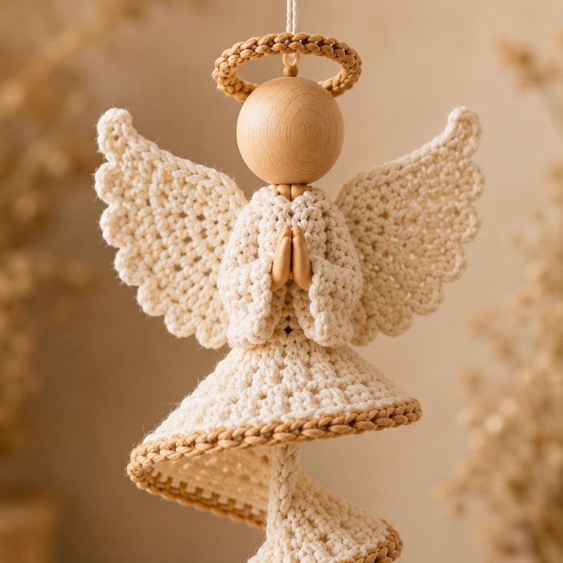 Peut inclure: Une d&eacute;coration d'ange suspendue avec une t&ecirc;te en bois clair, lisse et ronde, et un corps en crochet couleur cr&egrave;me dot&eacute; d'ailes festonn&eacute;es. La figurine poss&egrave;de une aur&eacute;ole tress&eacute;e beige, les mains jointes en pri&egrave;re et une base en jupe &eacute;vas&eacute;e.