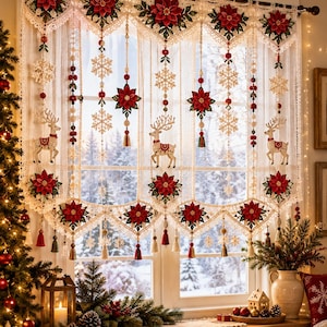 May include: A cream-coloured crochet window valance featuring red poinsettia flowers, white snowflake ornaments, and hanging reindeer figures. The decorative curtain includes vertical beaded strands with red and green accents, finished with tassels along the bottom edge.