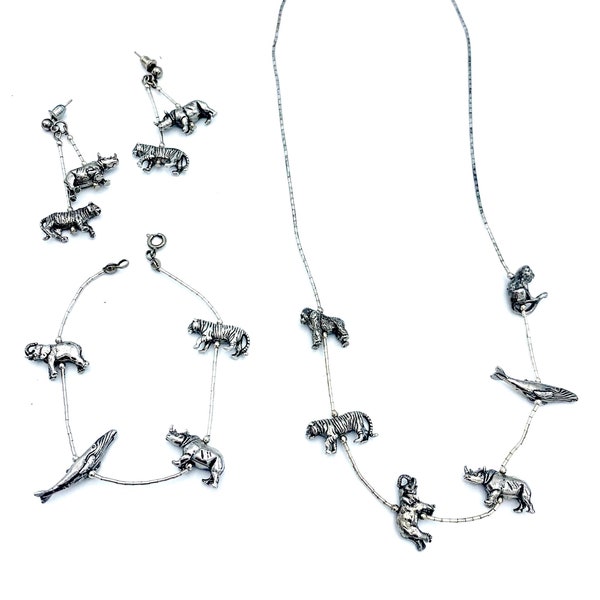 Sterling silver fetish animal necklace bracelet and earrings  whale rhino monkey tiger fetish Animals jewelry set