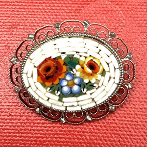 Micro Mosaic Flower Brooch Oval white red yellow green small glass mosaic brass floral vintage pin image 2