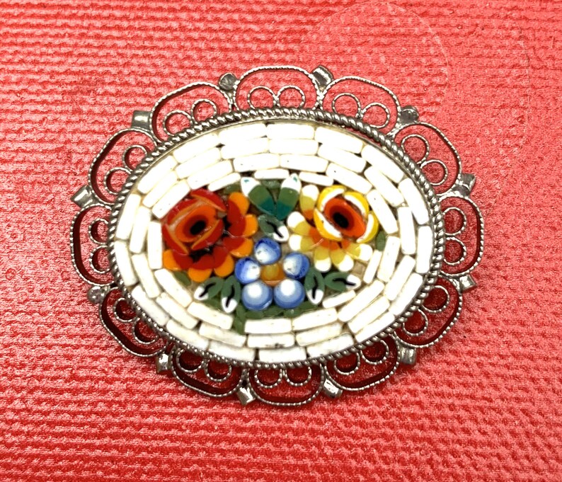 Micro Mosaic Flower Brooch Oval white red yellow green small glass mosaic brass floral vintage pin image 2
