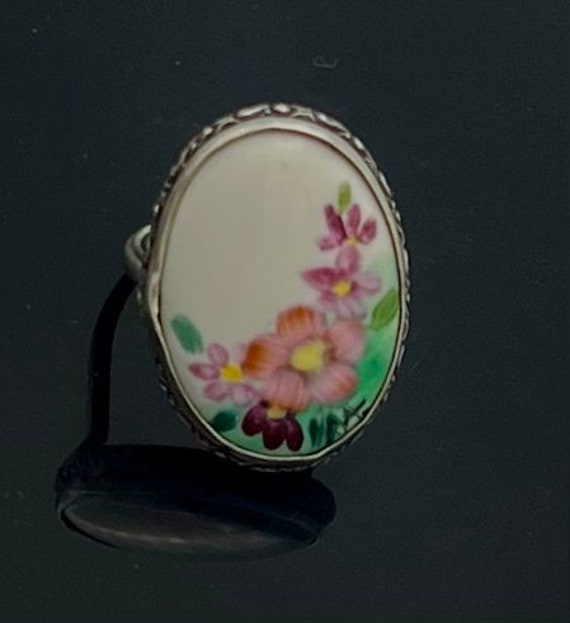Sterling Silver flower  ring painted floral flowe… - image 4