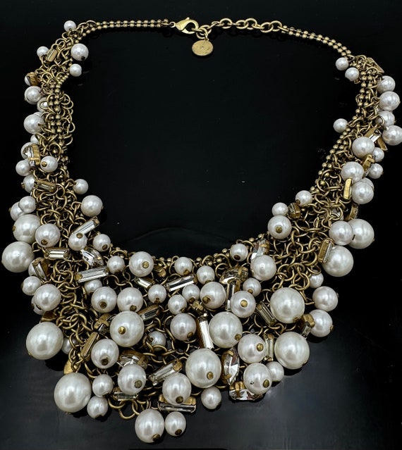 Vintage Japan Faux pearl and Crystal  Bib necklace