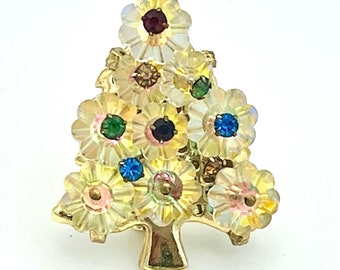 Crystal  Christmas Tree Brooch Margarita Rivoli Red blue rhinestones  bead cluster  gold plated - Holiday Pin