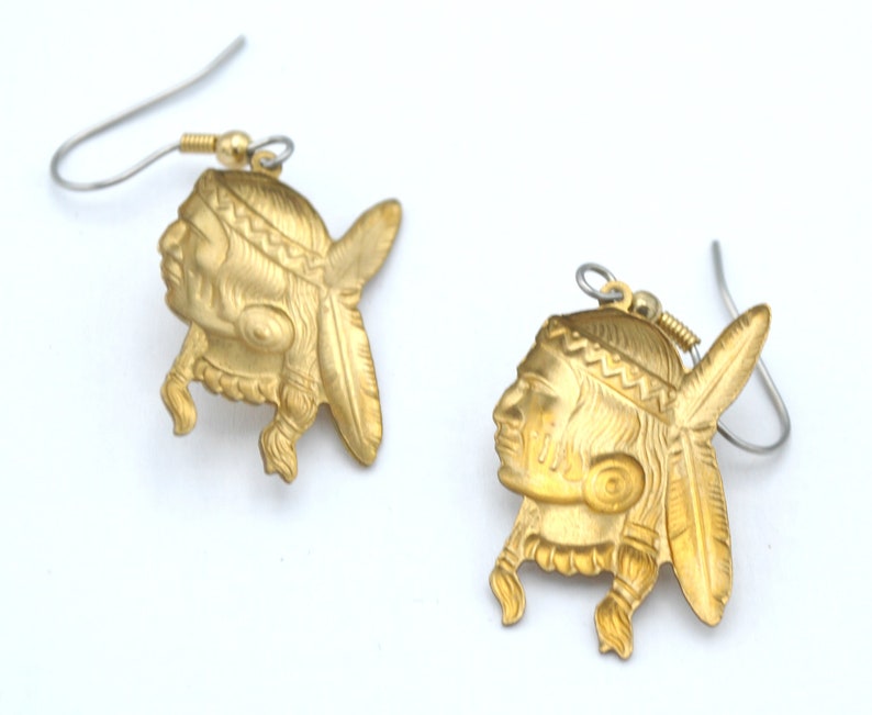 Brass Indian Head Earrings Native American Southwest Gold Etsy