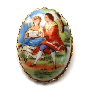 Limoges Fragonard Style Brooch   painted porcelain  Courting Couple Brooch  gold metal