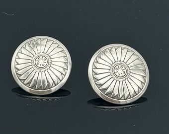 Sterling Concha Round  button Stud  earrings  southwestern tribal Etched flower  silver pierced earring