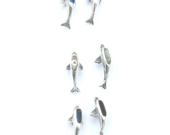 Sterling silver stud  Dolphin  Earrings  blue lapis black onyx abalone gemstone pierced  earring