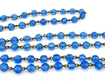 Long Blue  crystal  Bead Necklace light blue  Facet cut glass  6 mm bead  50 inches brass flapper necklace