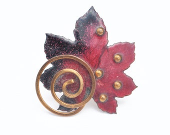 Matisse Renoir Brooch Jewelry red black  Enamel and Copper Leaf with Swirl  Pin