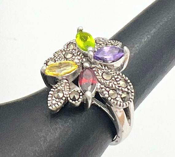 Multi gemstone Flower ring Sterling silver  Ameth… - image 3