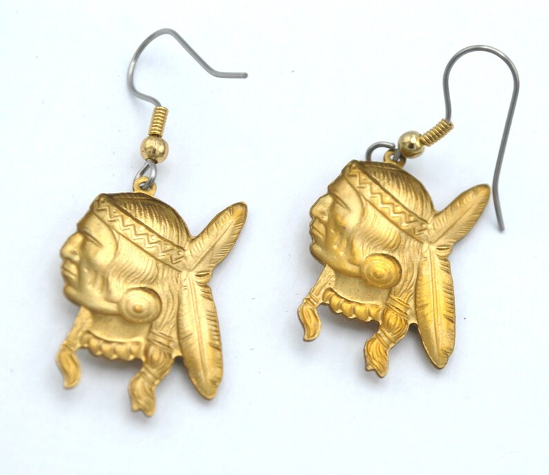 Brass Indian Head Earrings Native American Southwest Gold Etsy