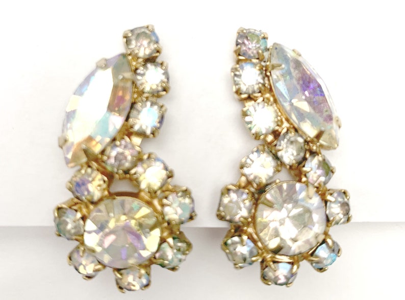 Rhinestone Climbing earrings gold plated metal Mid century Flower clear Aurora borealis crystal clip on earrings image 5