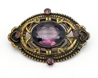 Purple  Glass Brooch  brass Gold  Amethyst crystal rhinestone oval bar pin