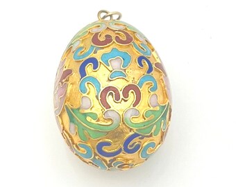 Cloisonné Egg Pendant  purple blue gold green enameling Oval  charm jewelry making craft