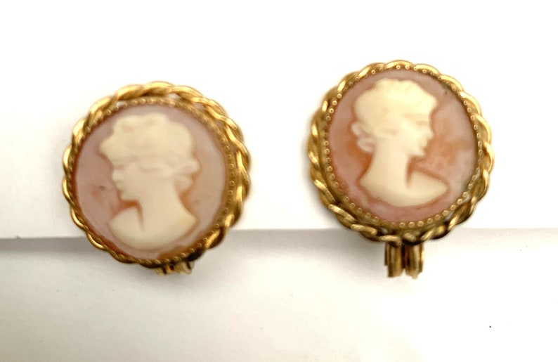 Cameo Earrings carved shell gold plated signed Lewis Segal Pierced earrings with clips