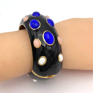 Black Enamel Rhinestone Bangle Bracelet: Colorful Cabochon Hinged Cuff