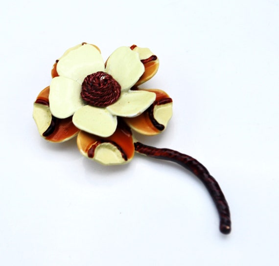 Flower  Brooch  signed BSK brown and yellow namel… - image 2