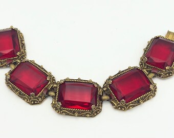 Red rhinestone  Link Bracelet facet cut  ruby red crystal  brass   Goldtone metal mid century