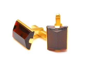 Red Lucite cuff link  gold metal   Mid century  Rectangle  plastic  Men cuff links