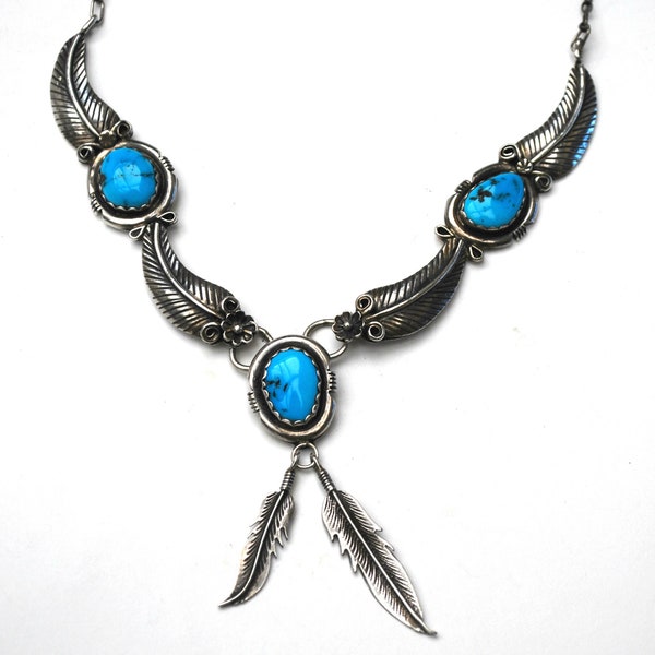 Sterling Turquoise  Necklace - Navajo Native American - Silver Feathers   - Tribal Southwestern Necklace