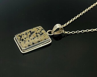 Dalmatian Jasper Pendant Necklace sterling silver black spotted gemstone