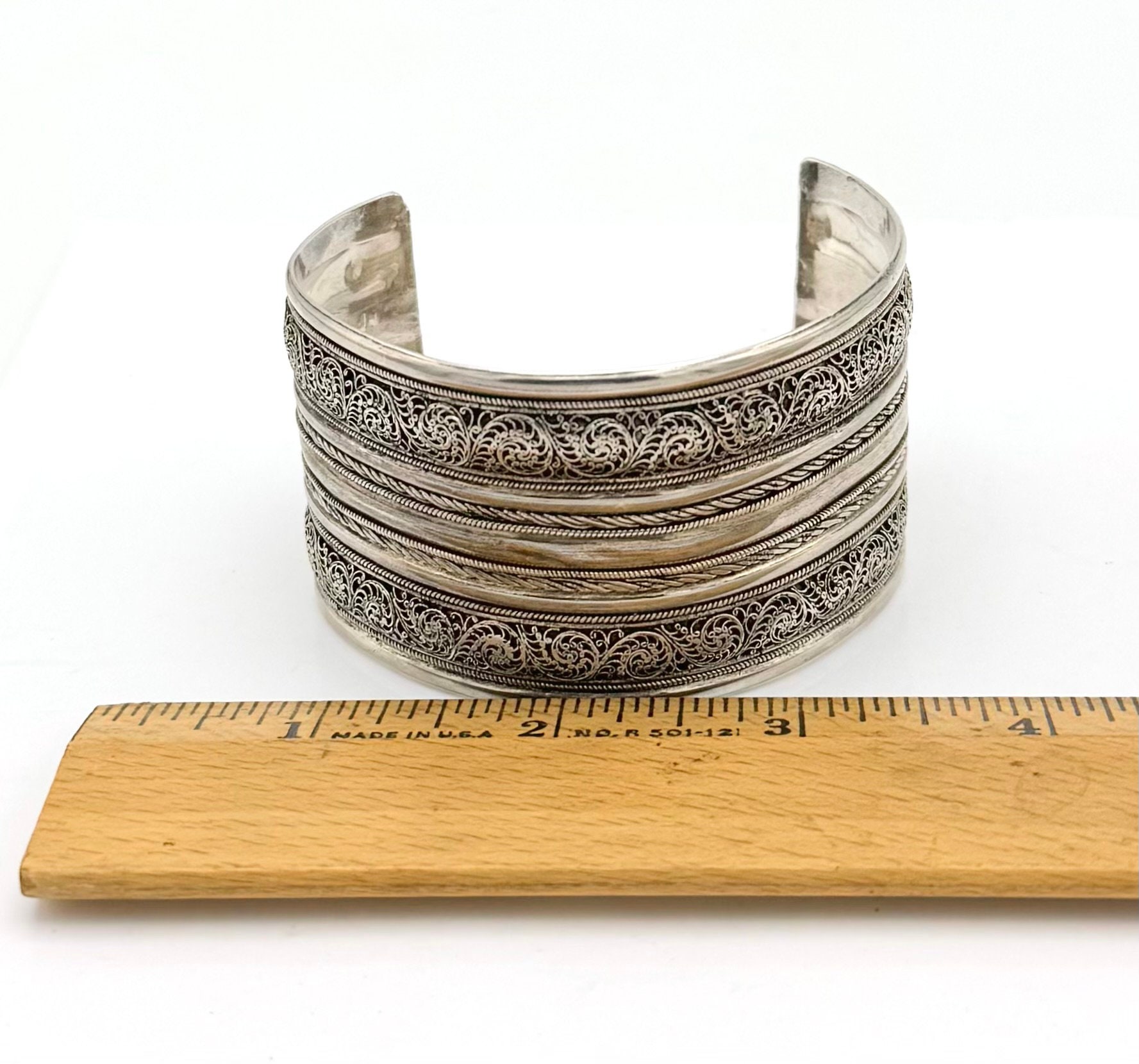 Wide Sterling Cuff Bracelet Chunky Layered Silver Filigree 45