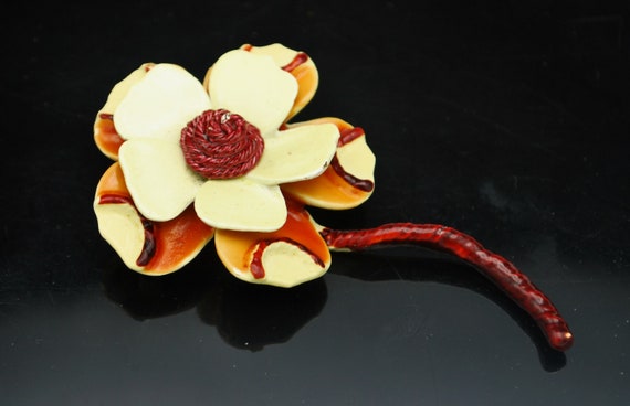 Flower  Brooch  signed BSK brown and yellow namel… - image 1