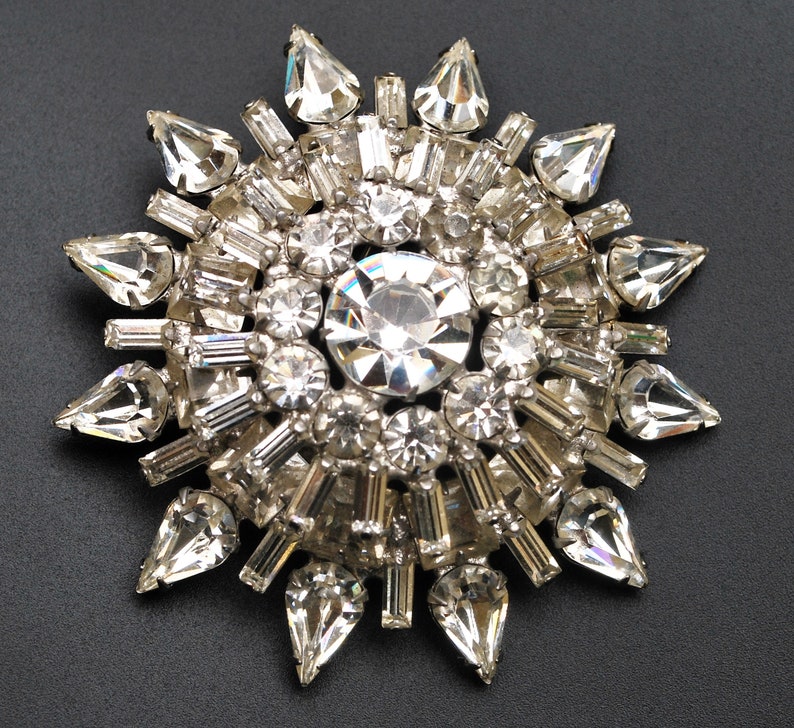 Rhinestone Brooch Large Atomic Pin Clear Ice Rhinestone domed layered Mid Century Snow flake 3 inch