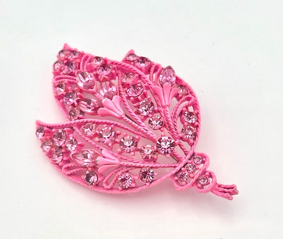 pink floral leaf Brooch   bright Pink  enameling … - image 7