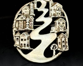 M&H Sterling silver houses  Brooch  unique town or city on curvy street Statement pin