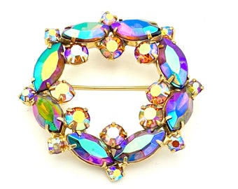 Rhinestone Wreath Brooch  Juliana   Aurora borealis Crystal   Mid century pin  gold plated setting