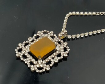 Czech signed rhinestone  Pendant necklace gold brass yellow orange  clear crystal necklace
