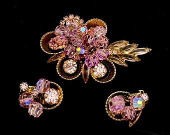 Juliana D&E dangle Pink brooch  earring set light pinkish  crystal  floral clip on earrings